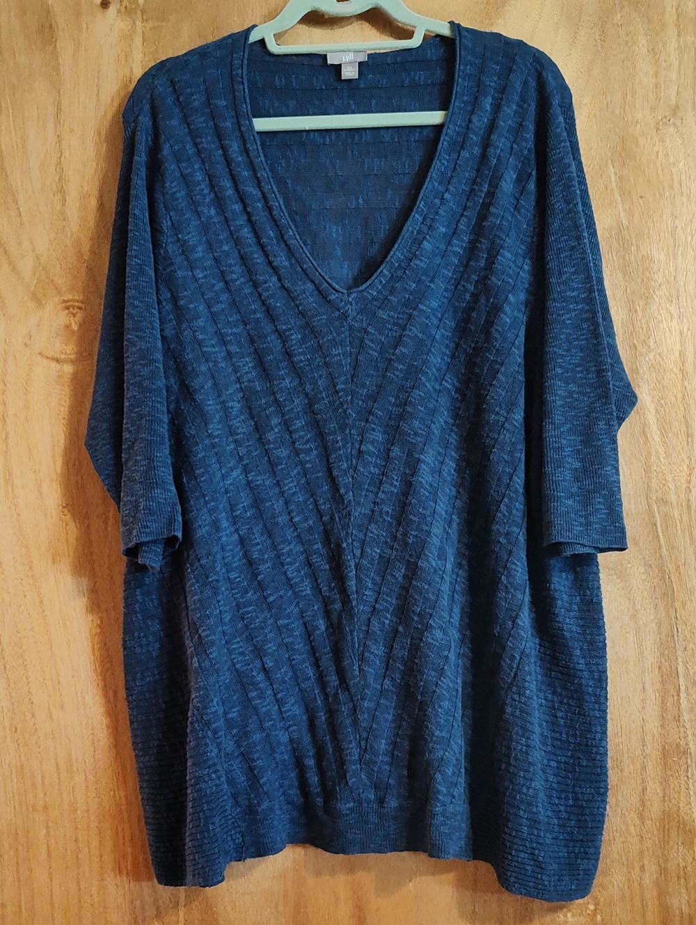 J. Jill Lagenlook Linen Blend Tunic Sweater Blue Ribbed Slub Knit ¾-Sleeve 2X